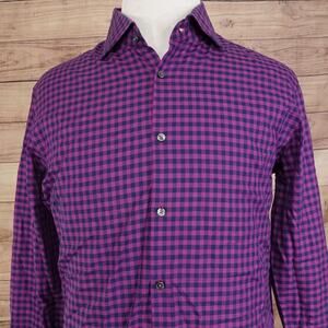 Hugo Boss Shirt Mens 17 34/35 Purple Gingham Sharp Fit Dress Long Sleeve